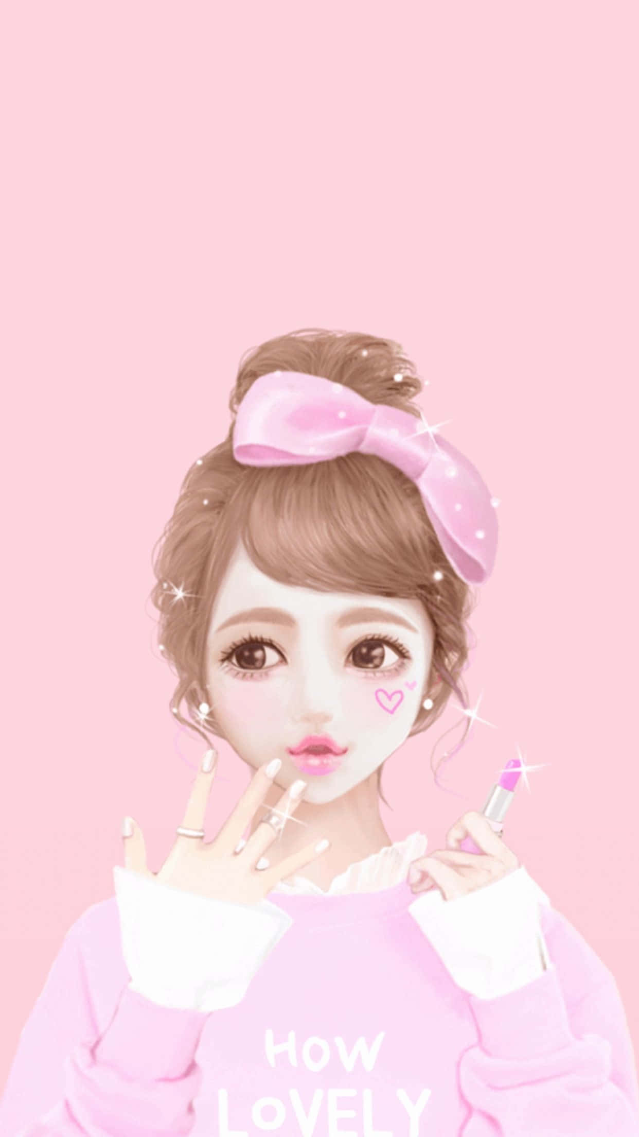 Beautiful Girly 桌布 壁紙 — 一個可愛的動漫女孩戴著粉紅色蝴蝶結，在柔和的粉紅色背景前拿著唇膏。