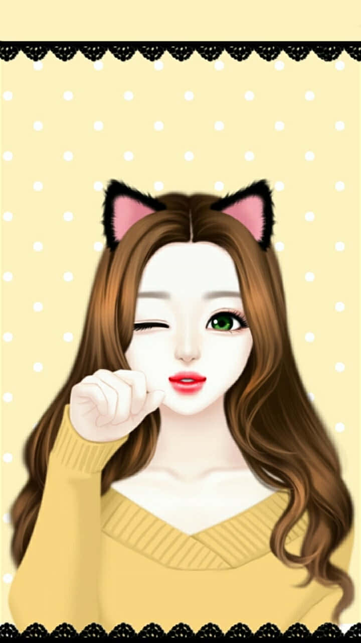 桌布 壁紙 — 一個可愛的動漫女孩戴著貓耳朵，穿著黃色毛衣，在圓點背景上頑皮地眨眼。