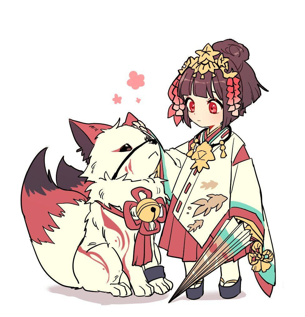 小狐狸 桌布 壁紙 — 一個可愛的動漫女孩穿著傳統日本服飾，站在一隻帶有紅色標記和鈴鐺的蓬鬆白狐旁邊。