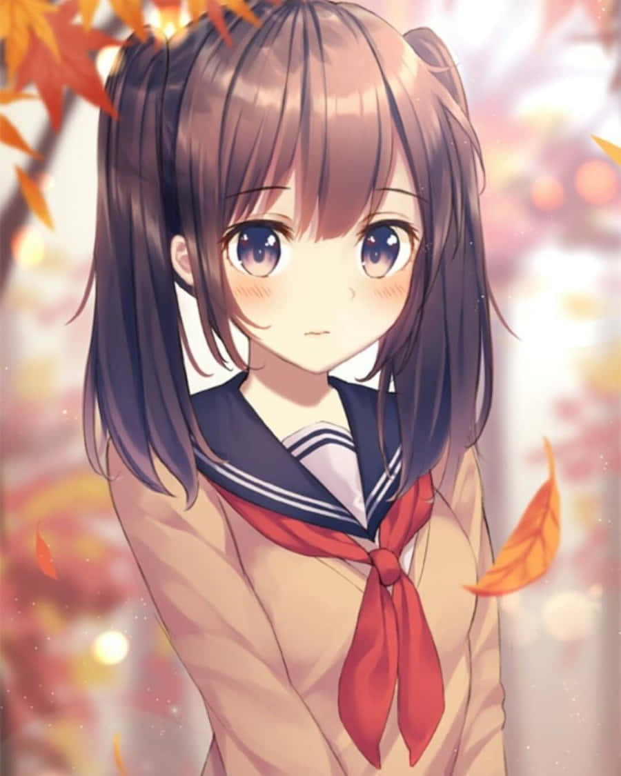 可愛動漫 桌布 壁紙 — 一個可愛的動漫女孩穿著校服，站在溫暖金色光線下飄落的秋葉中。
