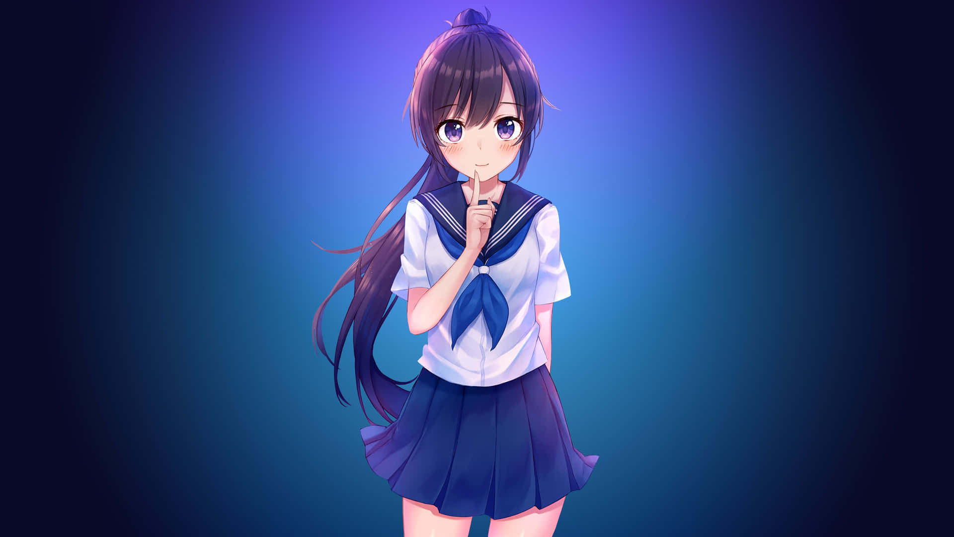 桌布 壁紙 — 一個可愛的動漫女孩穿著水手服，在漸變藍色背景前將手指放在嘴唇上。