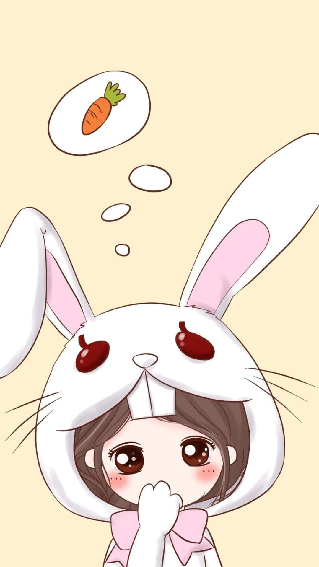 Cute Girly Girl 桌布 壁紙 — 一個可愛的動漫女孩穿著白色兔子服裝，帶有粉紅色內耳和蝴蝶結，正在思考她頭上的胡蘿蔔。
