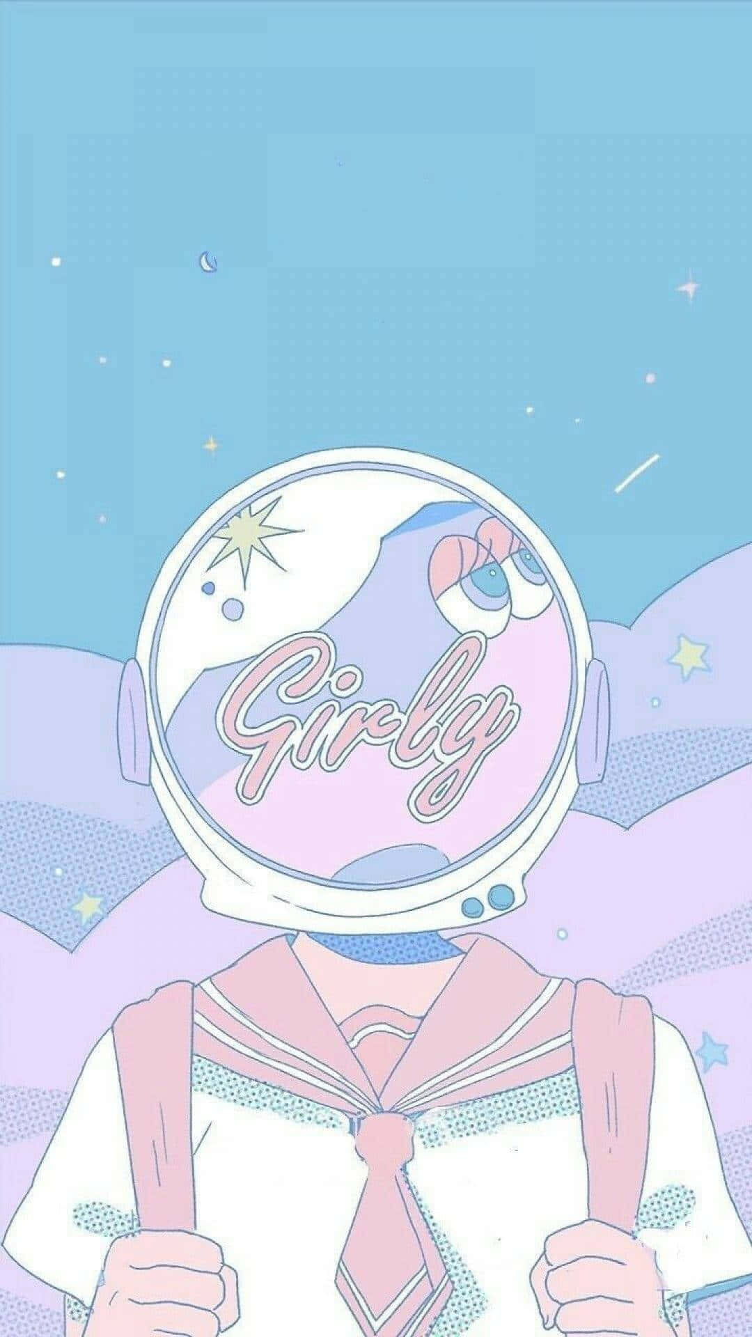 藝術 桌布 壁紙 — 一個可愛的動漫女孩穿著粉紅色水手服，戴著一個頭盔，面罩上寫著「Girly」，背景是粉彩星空。