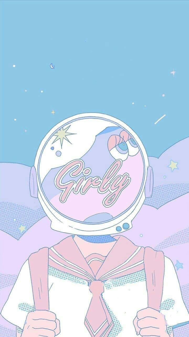 桌布 壁紙 — 一個可愛的動漫女孩穿著粉紅色水手服，戴著寫有「Girly」的太空人頭盔，背景是粉彩星空。