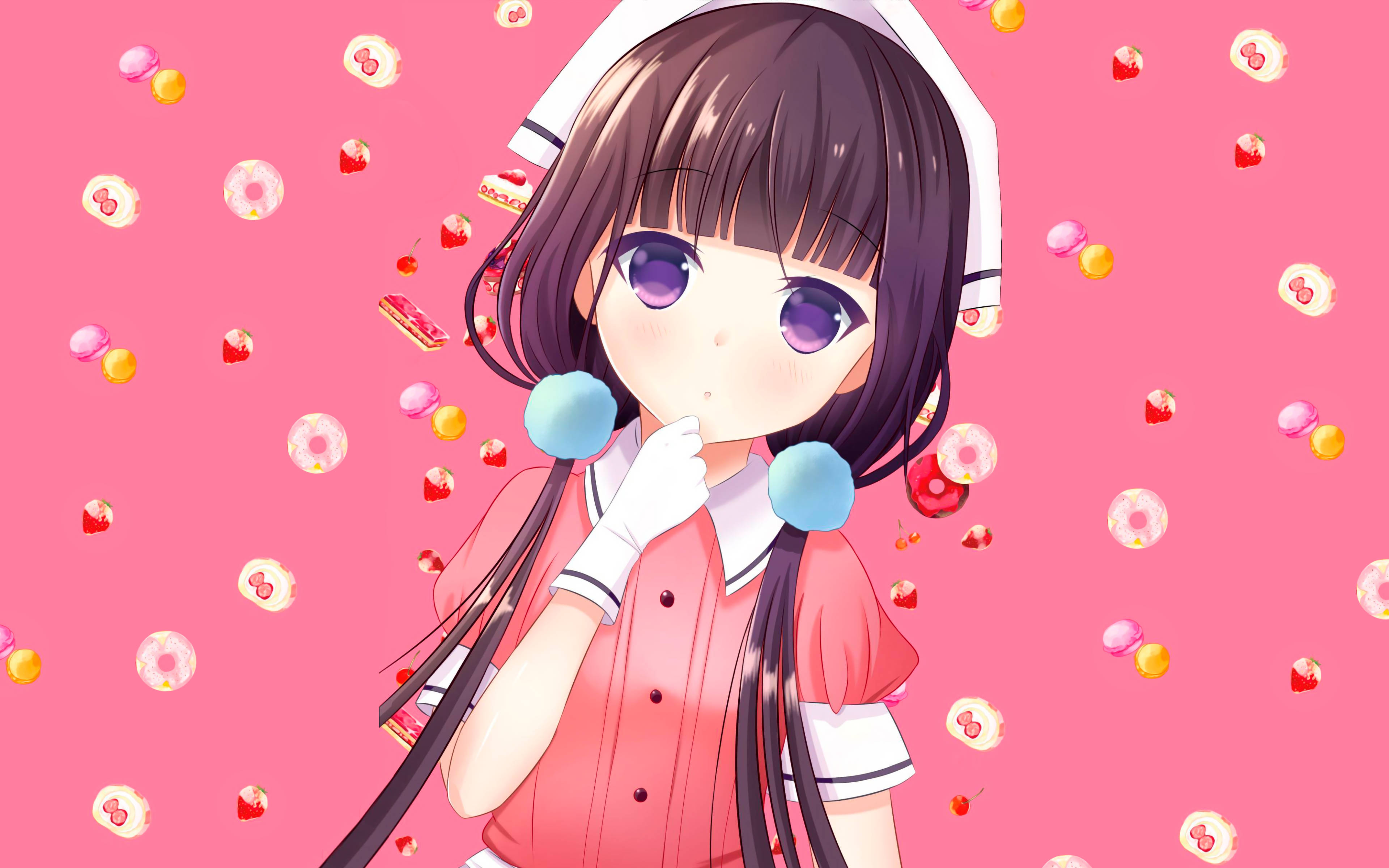 粉色動漫美學 桌布 壁紙 — 一個可愛的動漫女孩穿著粉紅色護士服，拿著棒棒糖，色彩繽紛的糖果在她周圍漂浮，背景是充滿活力的粉紅色。