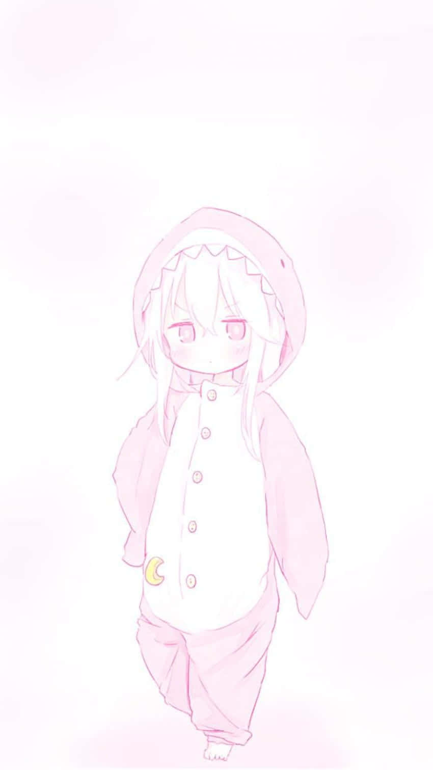 Pastel Pink Aesthetic Anime 桌布 壁紙 — 一個可愛的動漫女孩穿著粉紅色鯊魚連體衣，帶有新月形口袋，站在柔和的粉紅色背景前。