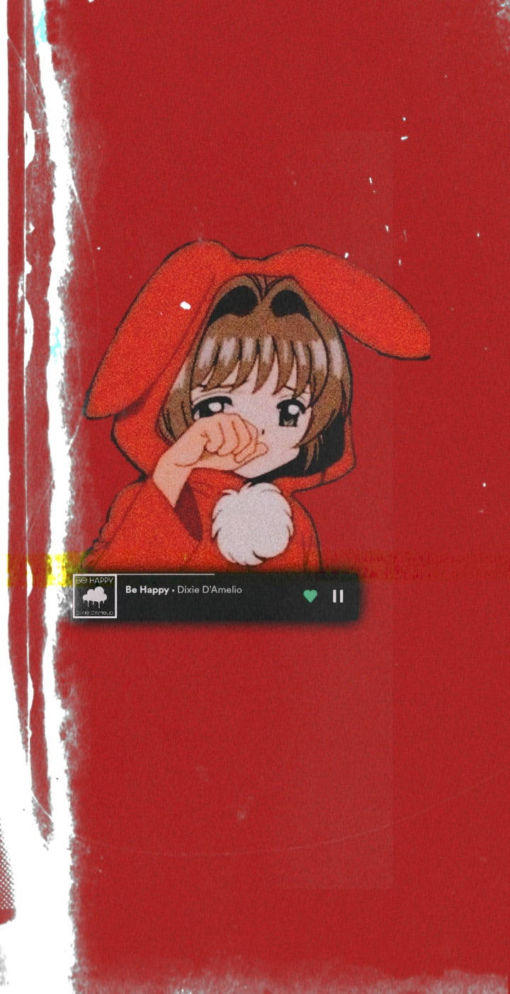 動漫女孩 桌布 壁紙 — 一個可愛的動漫女孩穿著紅色兔子連帽衫，用像爪子一樣的手捂住嘴巴，背景是紋理紅色。