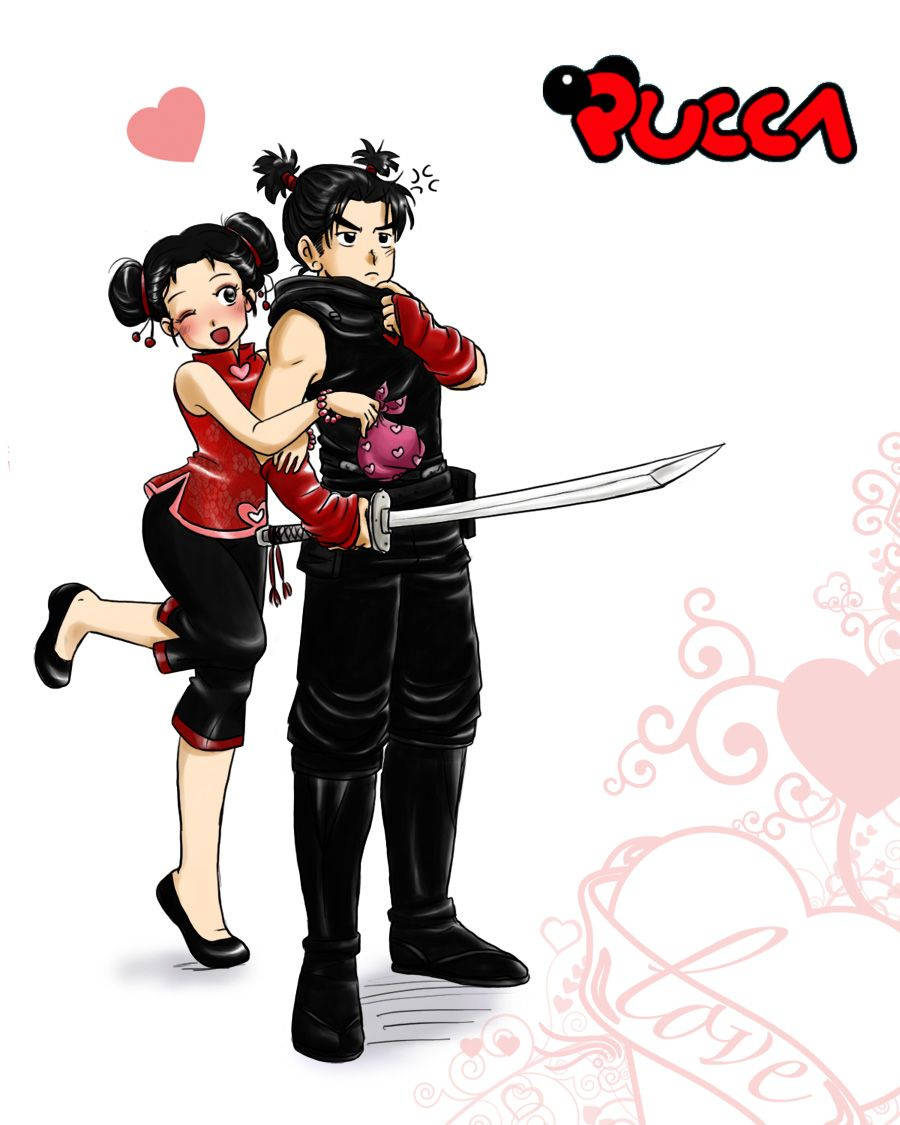 Pucca 桌布 壁紙 — 一個可愛的動漫女孩穿著紅色衣服，擁抱一個穿著黑色衣服、拿著劍的驚訝男孩，背景有粉紅色的心形和漩渦。