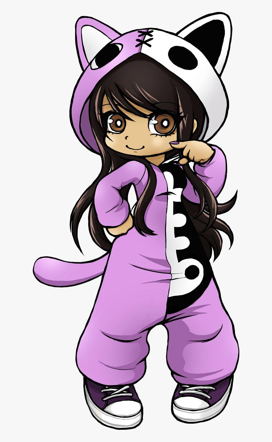 Aphmau 桌布 壁紙 — 一個可愛的動漫女孩穿著紫色貓咪連體衣，帶有黑白熊貓耳朵和尾巴，俏皮地擺姿勢。