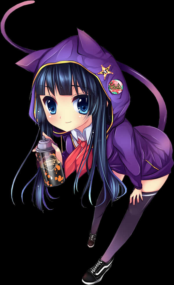 動漫 桌布 壁紙 — 一個可愛的動漫女孩穿著紫色貓耳連帽衫，在黑色背景下拿著噴霧罐。