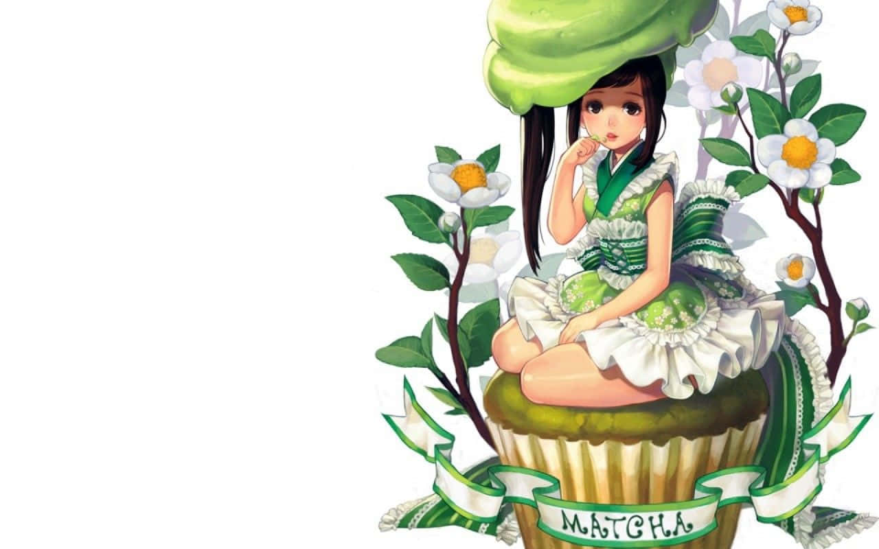 Matcha 桌布 壁紙 — 一個可愛的動漫女孩穿著綠色和白色，坐在一個巨大的抹茶杯子蛋糕上，周圍環繞著白色的花朵。