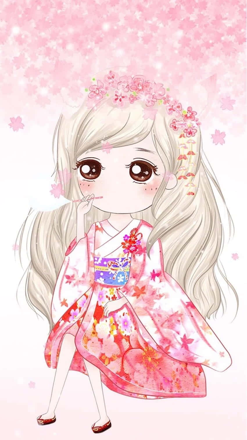 Q版動圖 桌布 壁紙 — 一個可愛的動漫女孩穿著花卉和服，站在粉紅色櫻花雨下，散發柔和夢幻的光芒。