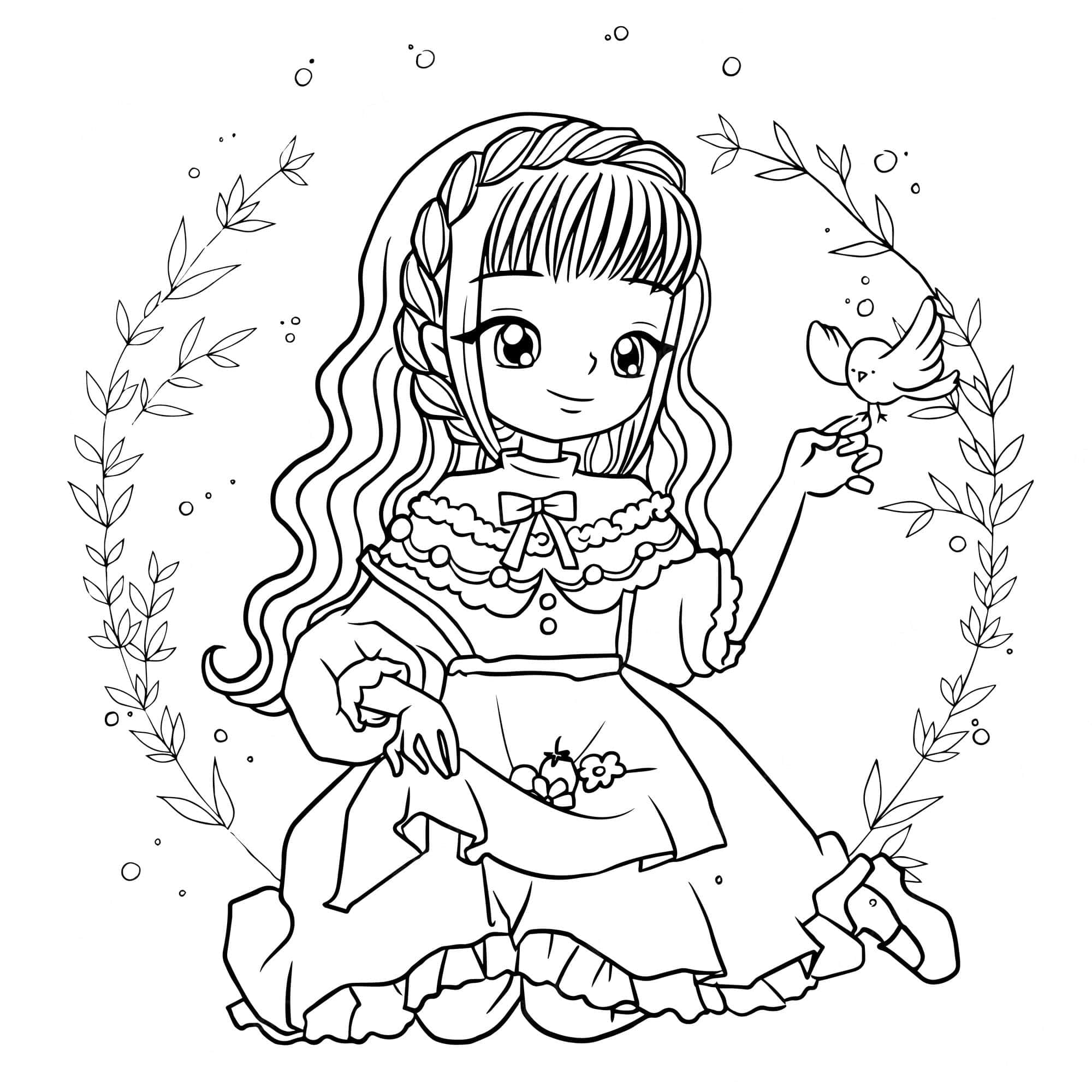 Cartoon Drawing 桌布 壁紙 — 一個可愛的動漫女孩穿著荷葉邊連衣裙，手裡拿著一隻鳥，樹枝環繞著她，形成一幅奇特的黑白線條畫。