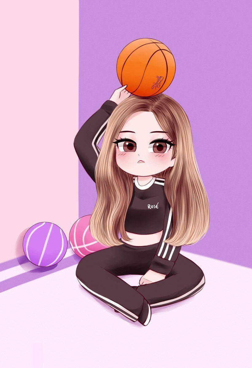 動漫女孩穿著運動服，頭上頂著籃球，周圍有彩色球。 — Blackpink 動畫 GIF 壁紙