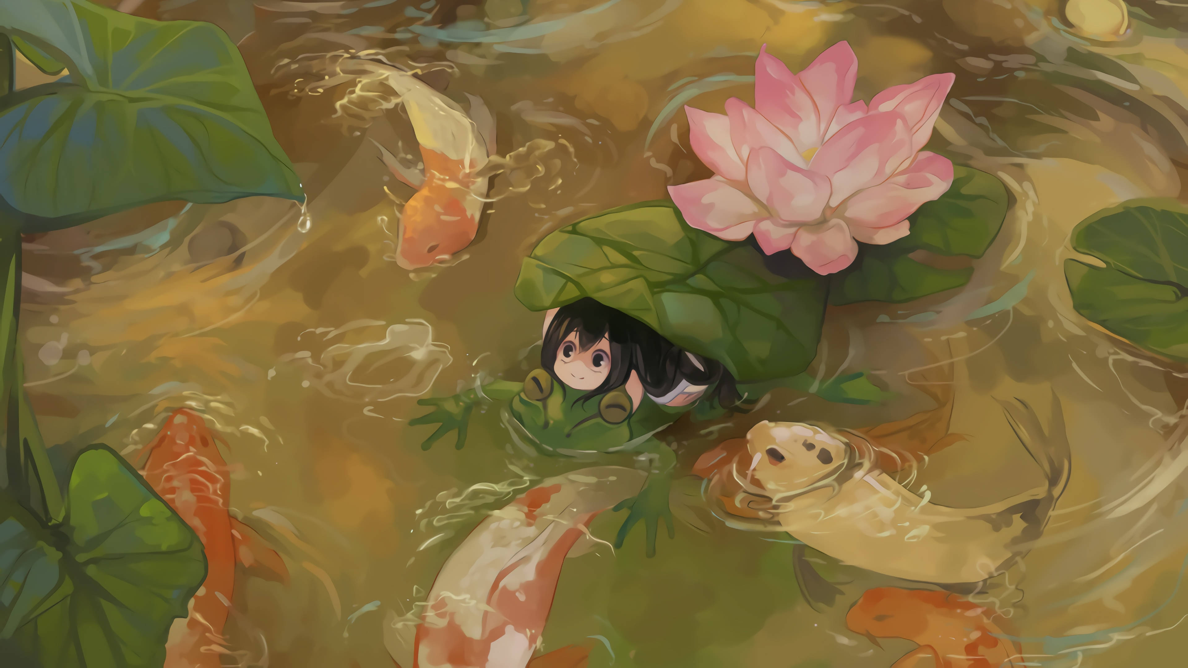 Froppy 桌布 壁紙 — 一個可愛的動漫女孩長著青蛙耳朵，從睡蓮葉中探出頭來，錦鯉在她周圍游動，池塘裡有粉紅色的蓮花。