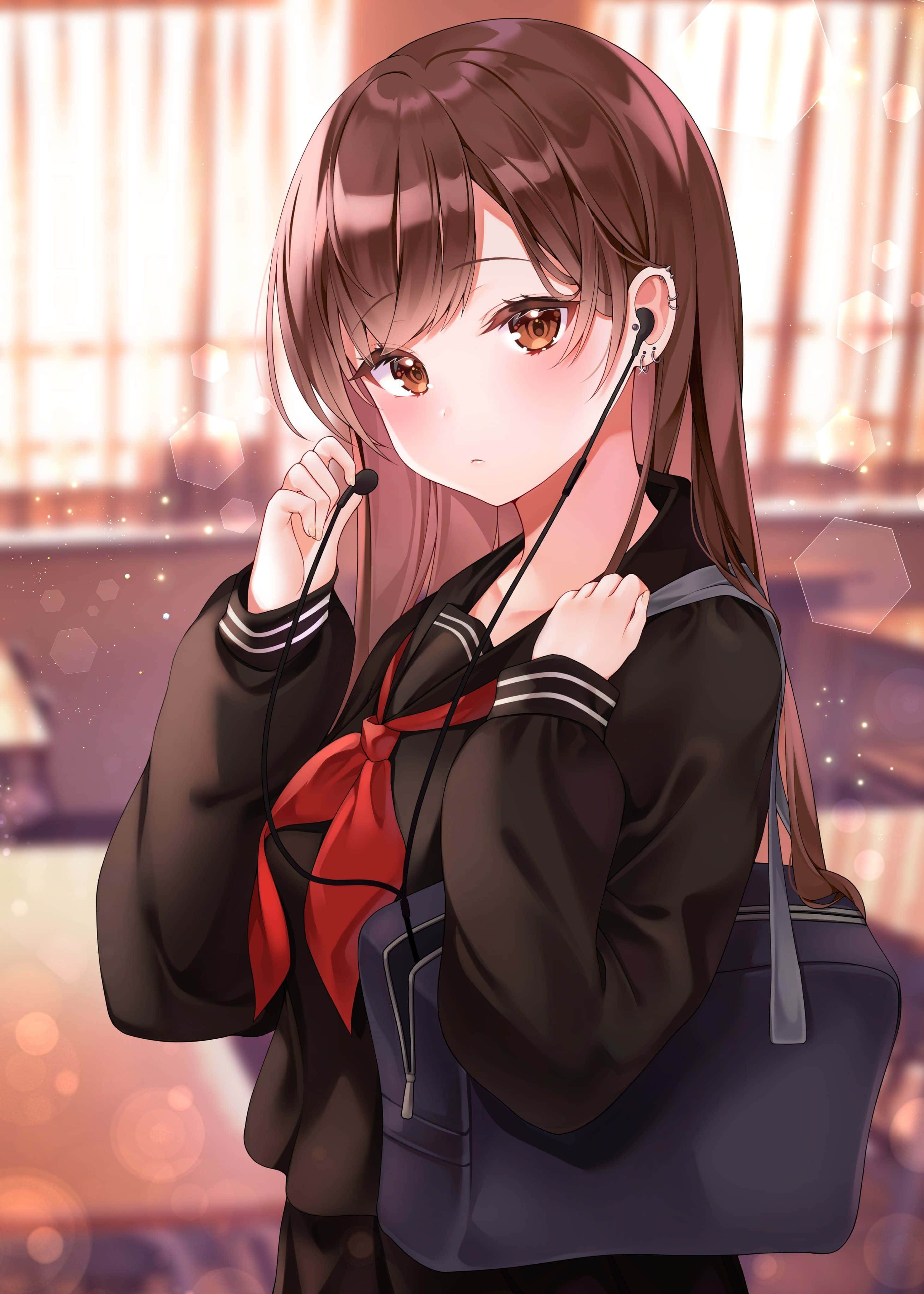 動漫 桌布 壁紙 — 一個可愛的動漫女學生穿著校服，戴著紅色蝴蝶結和耳機，在溫暖的散景背景下微笑著輕輕拿著包包。