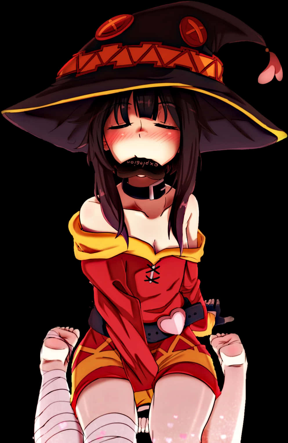 Megumin 桌布 壁紙 — 一個可愛的動漫女巫，戴著寬邊帽，穿著紅色服裝，在黑色背景前擺姿勢，臉頰泛紅。