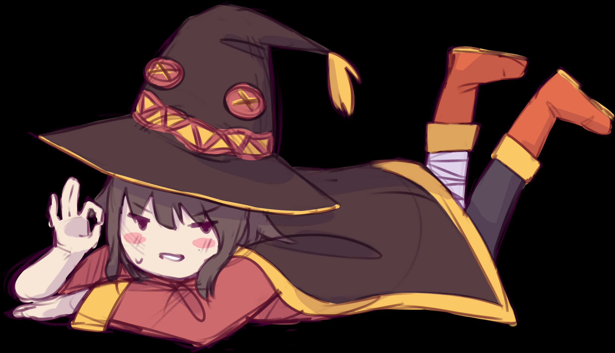 Megumin 桌布 壁紙 — 一個可愛的動漫女巫，戴著棕色帽子和斗篷，趴在地上，做出OK手勢，表情俏皮。