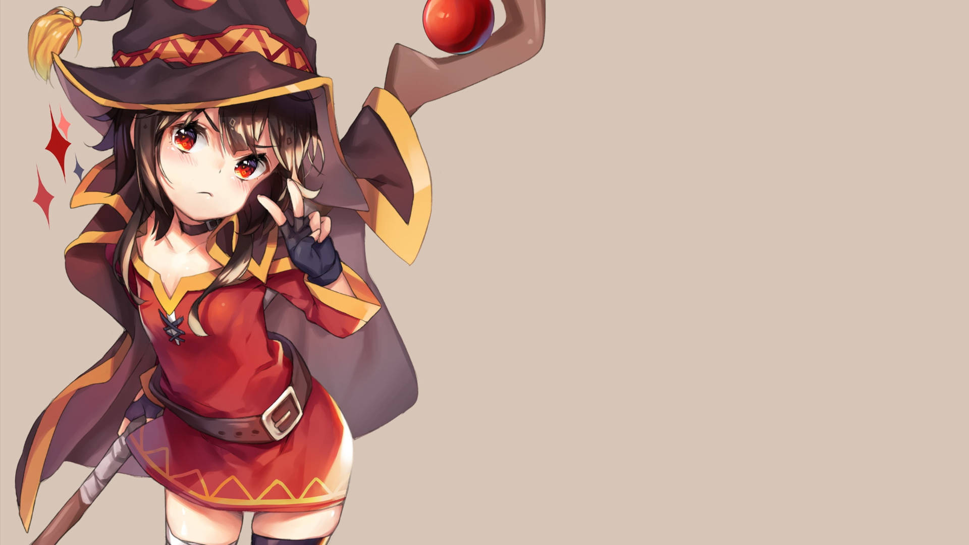 Witchy 桌布 壁紙 — 一個可愛的動漫女巫，身穿紅金服飾，手持發光紅色球體，同時做出和平手勢。