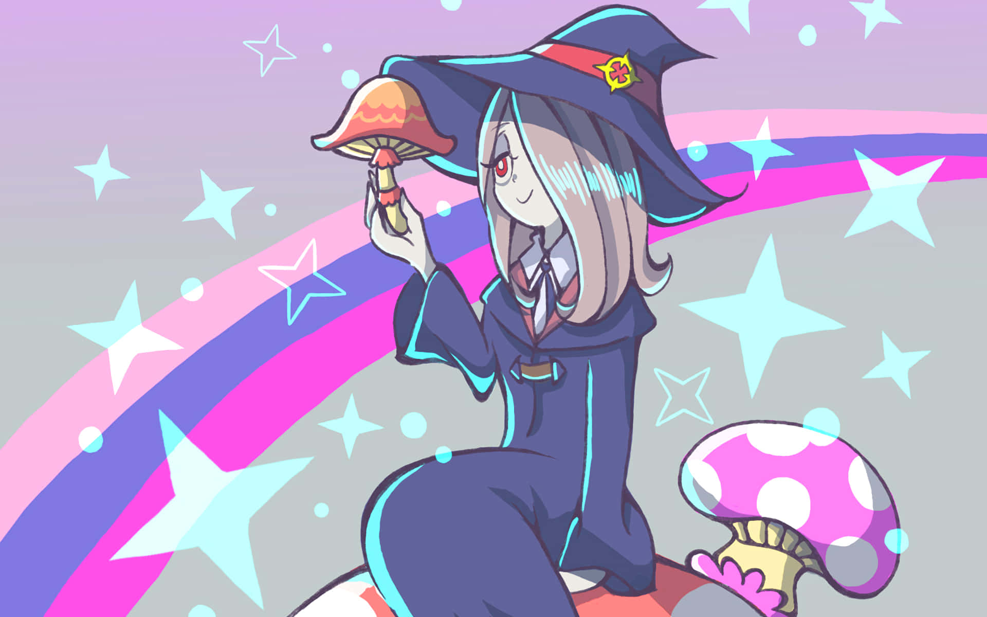 動漫女孩 桌布 壁紙 — 一個可愛的動漫女巫穿著深藍色長袍，在點綴著星星和彩虹弧的粉彩天空中拿著發光的蘑菇。