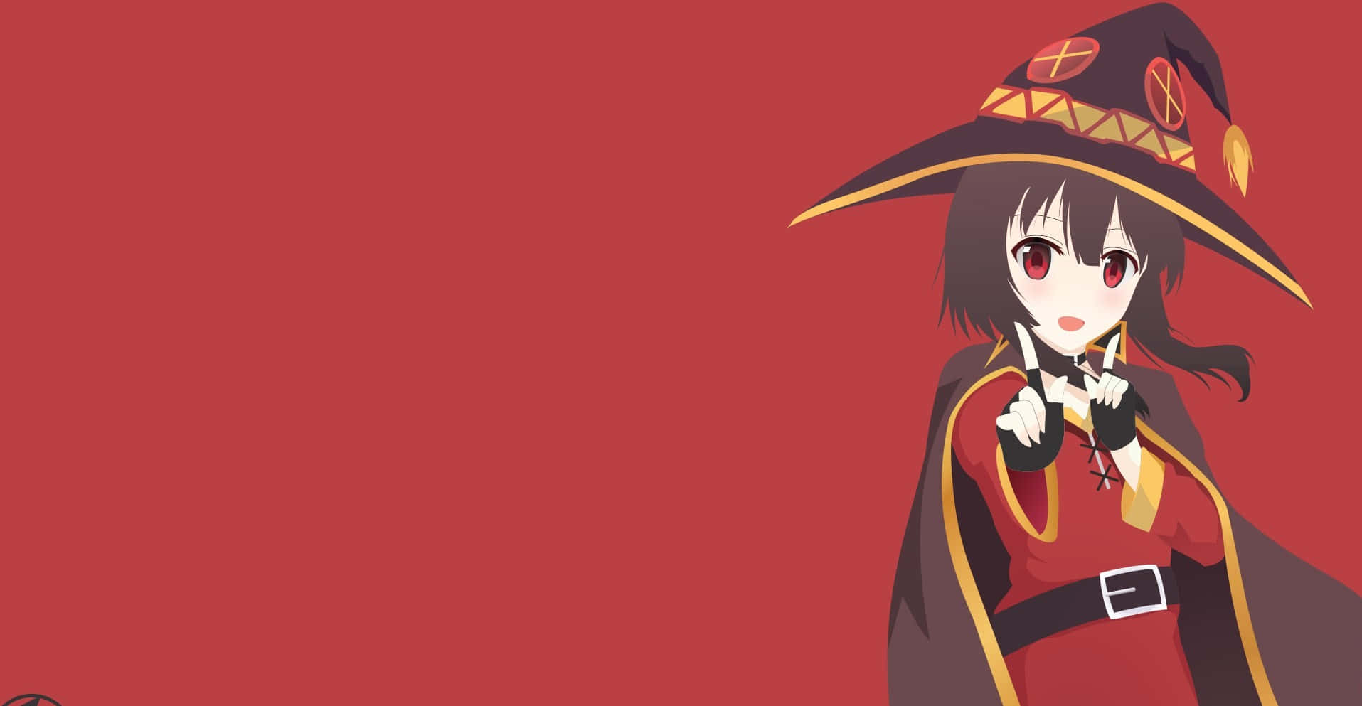 Konosuba God's Blessing On This Wonderful World 桌布 壁紙 — 一個可愛的動漫女巫穿著紅金相間的服裝，在純紅色背景前俏皮地指著。