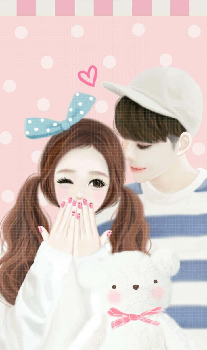 Couples 桌布 壁紙 — 一個可愛的動漫情侶在粉紅色圓點背景前與泰迪熊分享甜蜜時刻。