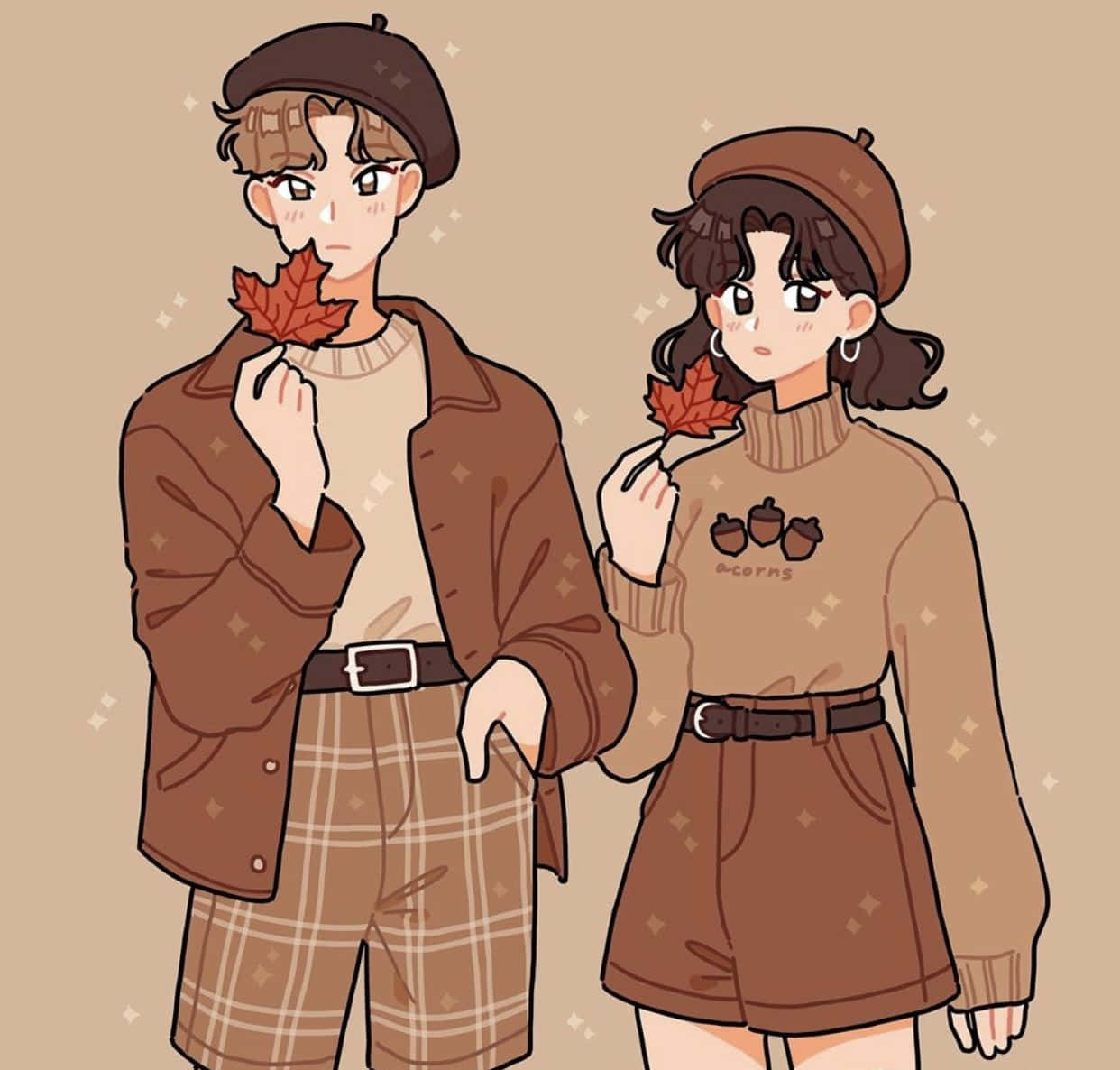 Cute Boyfriend 桌布 壁紙 — 一個可愛的動漫情侶穿著秋裝，在溫暖的米色背景上拿著楓葉，周圍有閃爍的光芒。