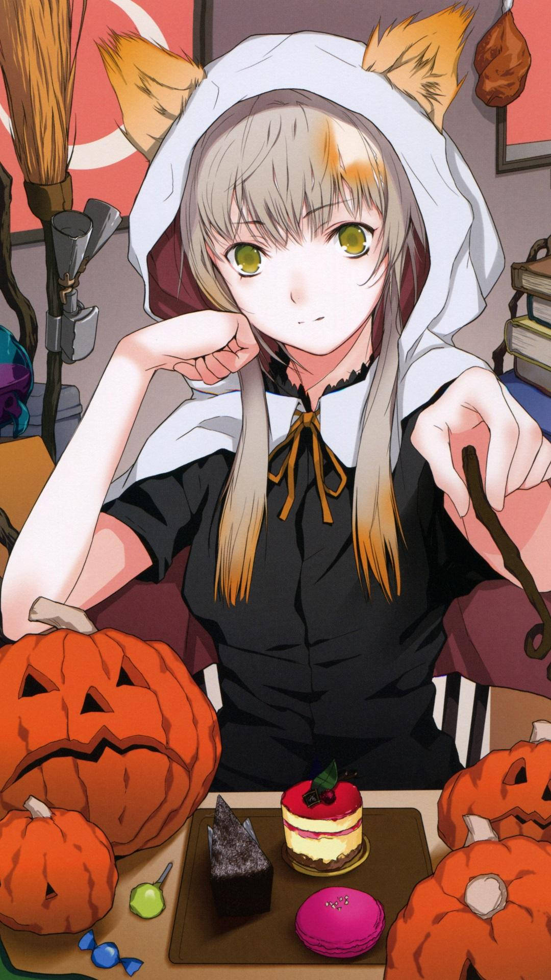 HD anime phone 桌布 壁紙 — 一個可愛的動漫狐狸耳女巫坐在一張被南瓜和萬聖節美食包圍的桌子旁。