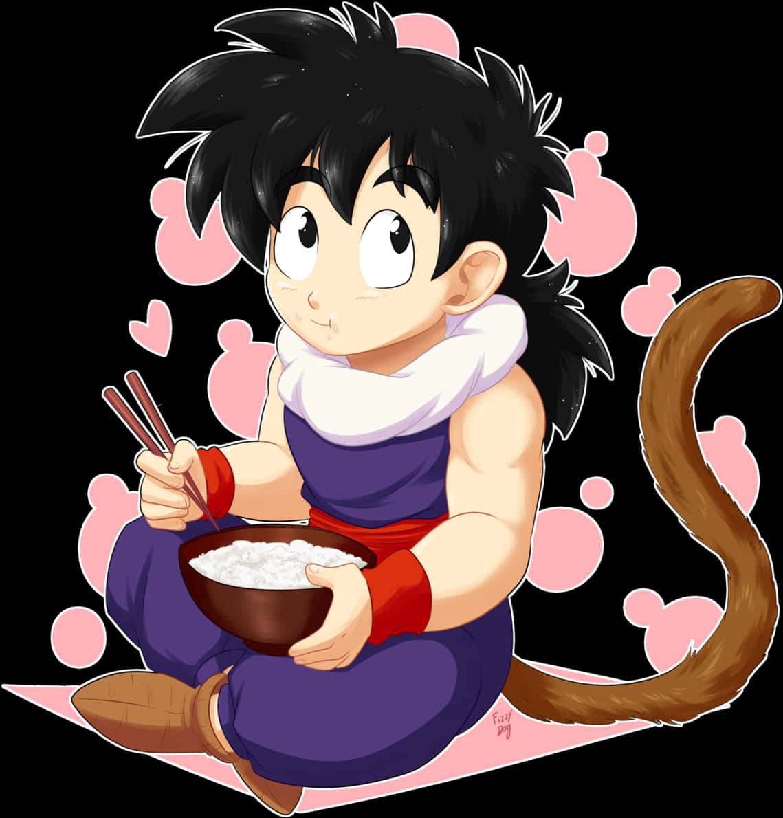 動漫男孩 桌布 壁紙 — 一個可愛的動漫男孩，有猴子尾巴，用筷子吃飯，周圍有粉紅色愛心，背景是黑色。