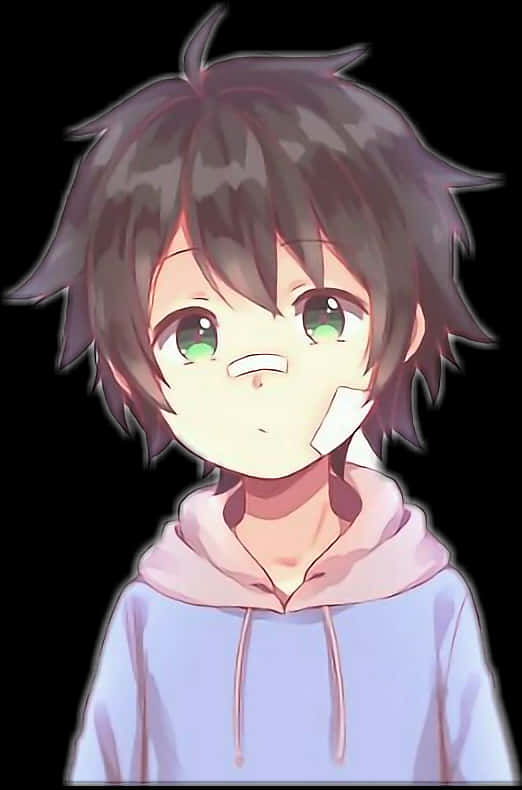 動漫男孩 桌布 壁紙 — 一個可愛的動漫男孩，有著凌亂的黑髮和明亮的綠眼睛，穿著淺紫色連帽衫，背景是黑色。
