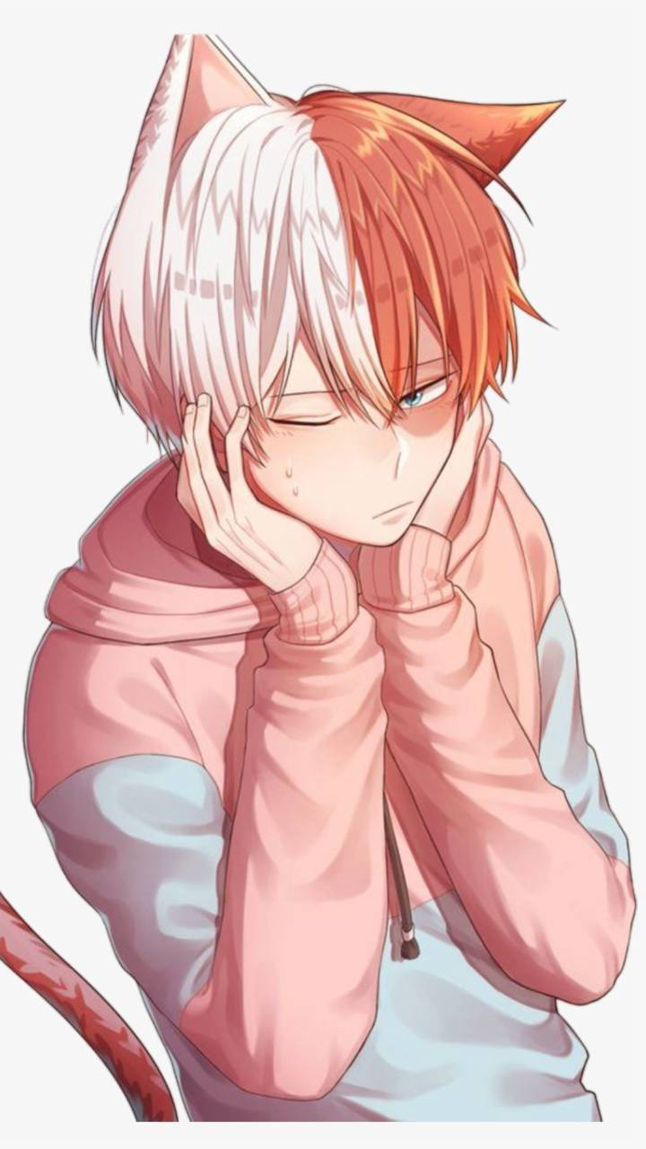 轟焦凍可愛 桌布 壁紙 — 一個可愛的動漫男孩，有貓耳朵和尾巴，穿著粉紅色連帽衫，將頭靠在手上，流下一滴眼淚。