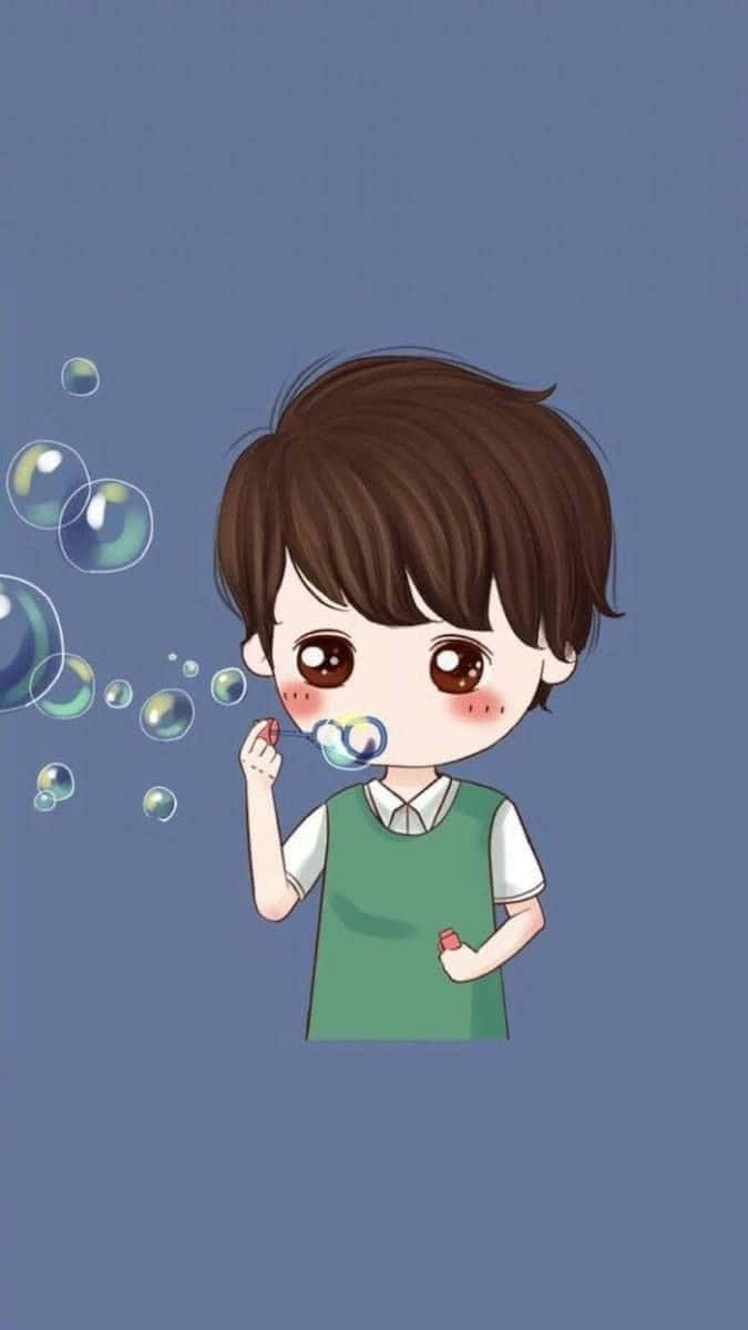 Bubbles 桌布 壁紙 — 一個可愛的動漫男孩，棕色頭髮，在純藍色背景上吹出五彩斑斕的泡泡。