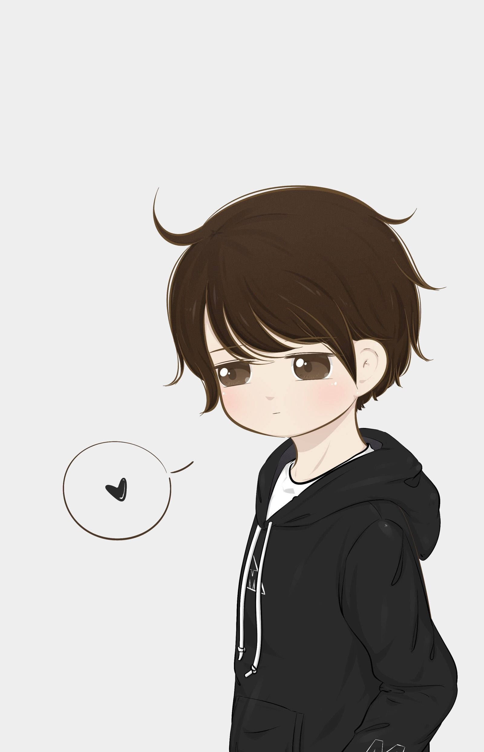 Cute Boy 桌布 壁紙 — 一個可愛的動漫男孩，棕色頭髮，穿著連帽衫，側身看著，旁邊有一個小小的愛心對話框。