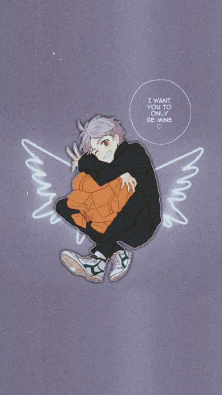 Dark Aesthetic Cartoon 桌布 壁紙 — 一個可愛的動漫男孩，灰色頭髮和發光的白色翅膀，在柔和的紫色背景上緊緊擁抱自己。