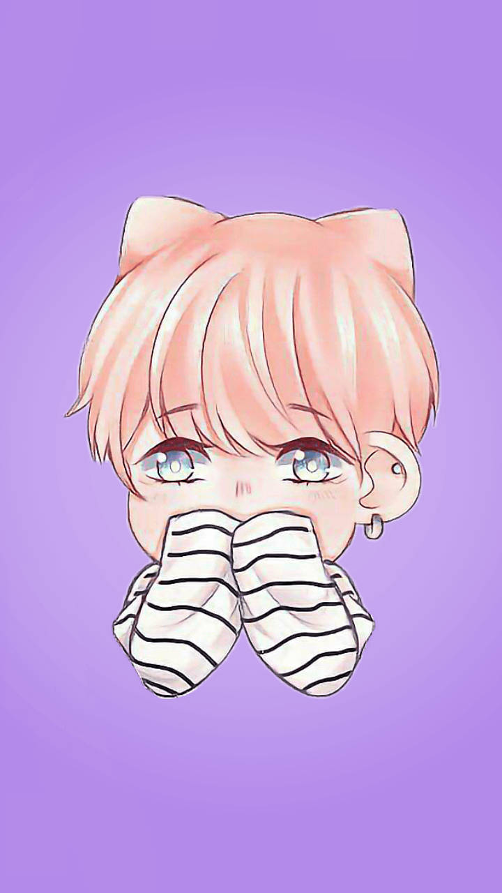 Bts Jimin 桌布 壁紙 — 一個可愛的動漫男孩，粉紅色頭髮和貓耳朵，用條紋襪子捂住嘴巴，背景是柔和的紫色。