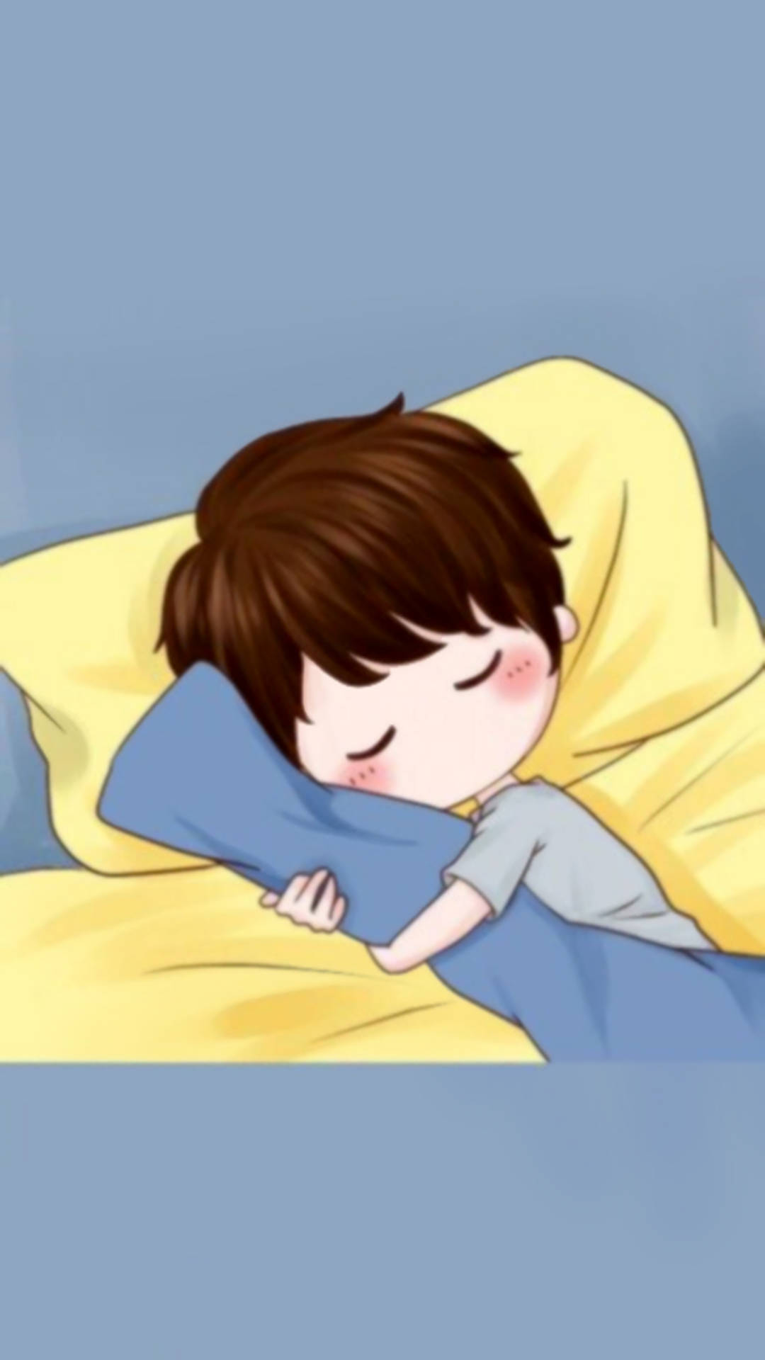 動漫男孩在黃色枕頭上蓋著藍色毯子在藍色房間裡睡覺 — 配對 GIF 壁紙