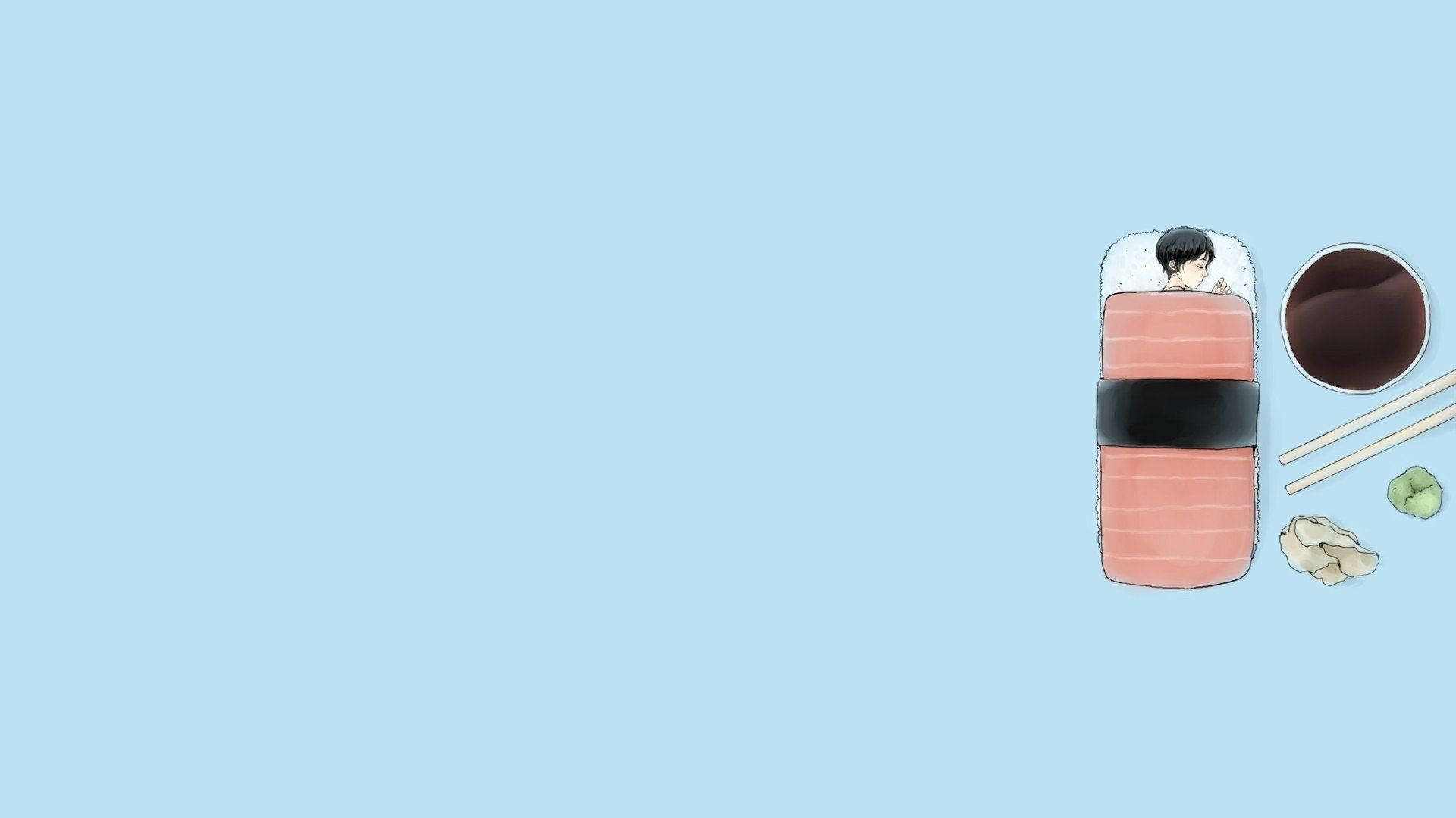 Sushi 桌布 壁紙 — 一個可愛的動漫男孩從一個巨大的壽司卷裡面探出頭來，旁邊有醬油、筷子、芥末和生薑，背景是柔和的藍色。