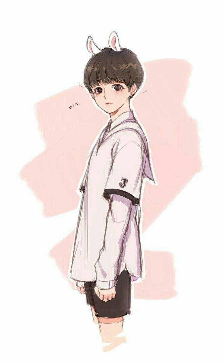 Jungkook Aesthetic 桌布 壁紙 — 一個可愛的動漫男孩戴著兔耳，穿著白色外套和黑色短褲，背景是柔和的粉紅色。