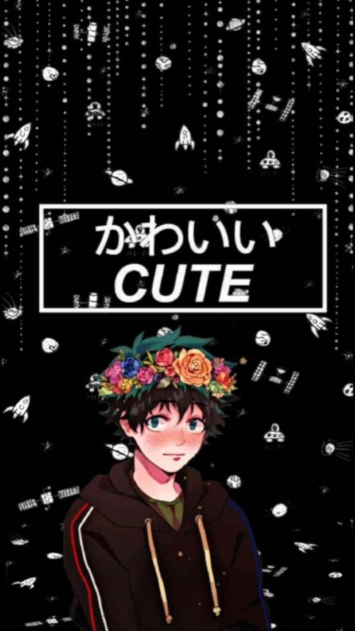 我的英雄學院 桌布 壁紙 — 一個可愛的動漫男孩戴著色彩繽紛的花冠，在充滿墜落太空主題塗鴉的黑色背景上微笑。