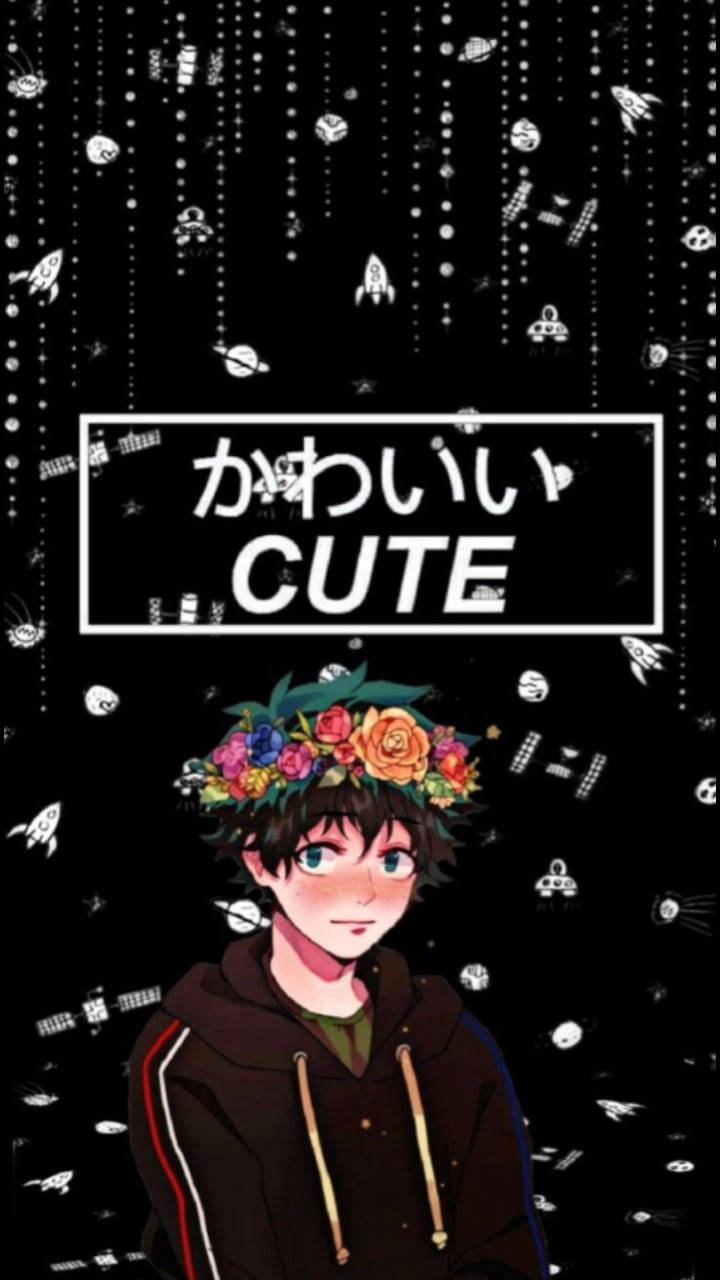 太空 桌布 壁紙 — 一個可愛的動漫男孩戴著色彩繽紛的花冠，在充滿墜落太空主題塗鴉的黑色背景上微笑。