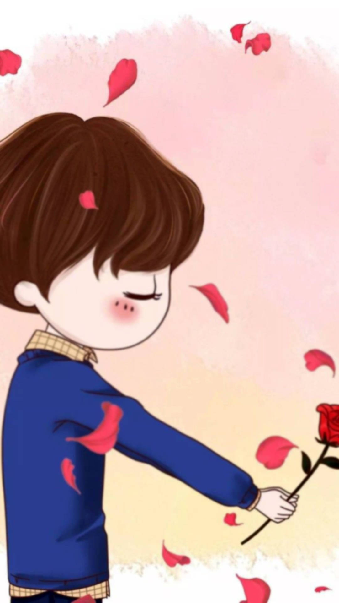 動漫男孩拿著紅玫瑰，花瓣飄浮在柔和的粉紅色和黃色背景上。 — 配對 GIF 壁紙