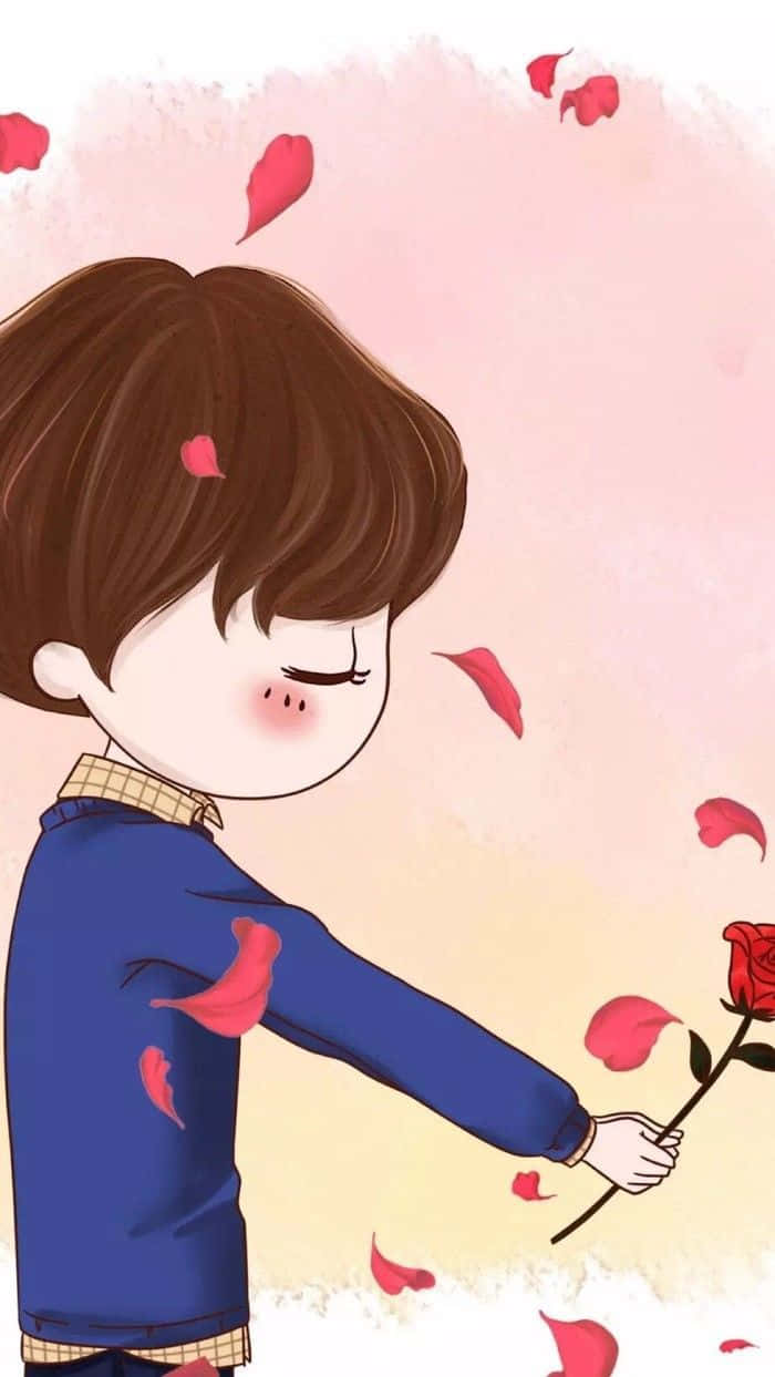 愛心 桌布 壁紙 — 一個可愛的動漫男孩穿著藍色毛衣，輕輕地拿著一朵紅玫瑰，粉紅色的花瓣在柔和的粉彩天空中飄落在他周圍。