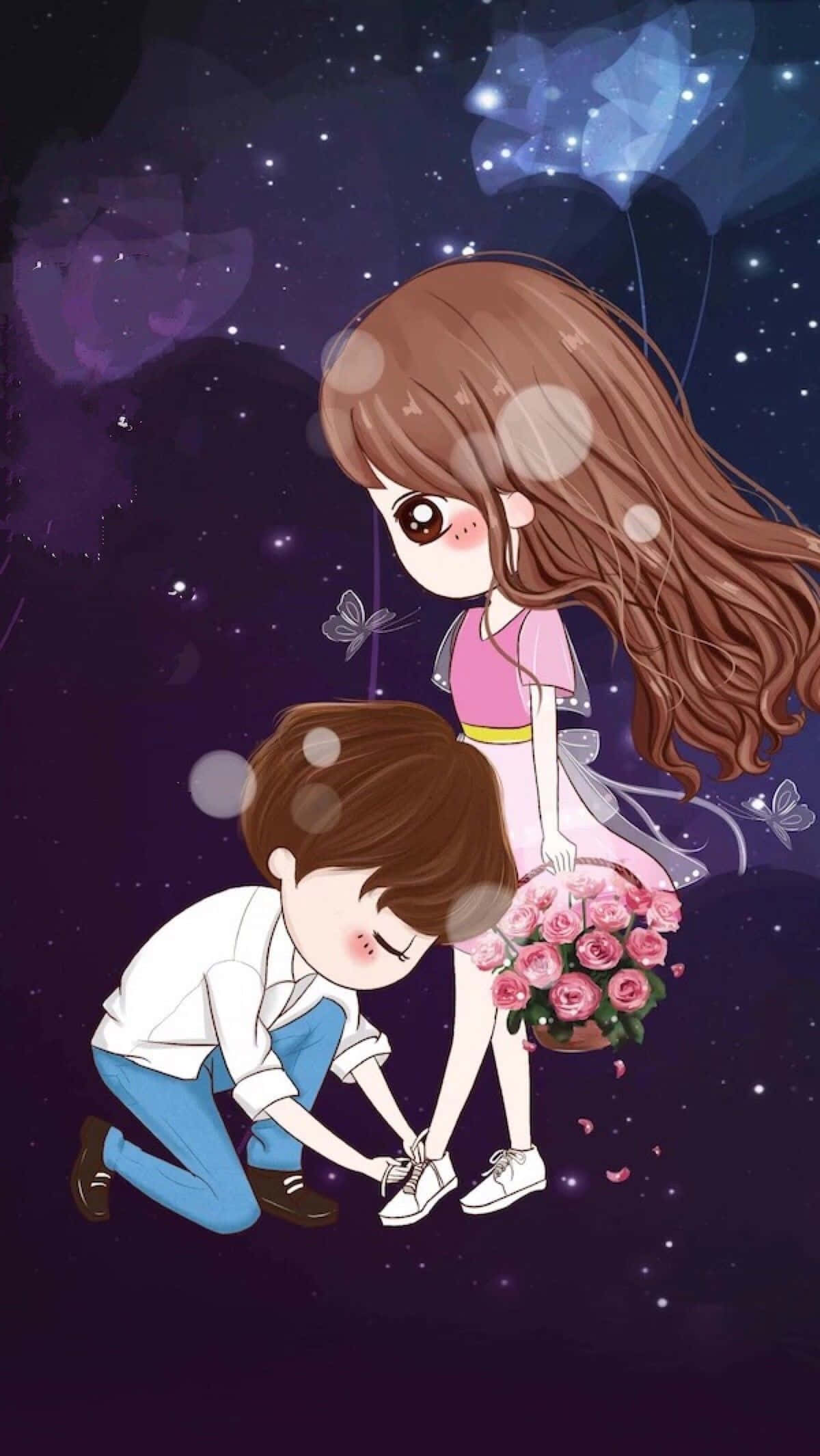 動漫情侶 桌布 壁紙 — 一個可愛的動漫男孩跪下來為一個女孩繫鞋帶，背景是繁星點點的紫色天空，漂浮著蝴蝶和玫瑰。