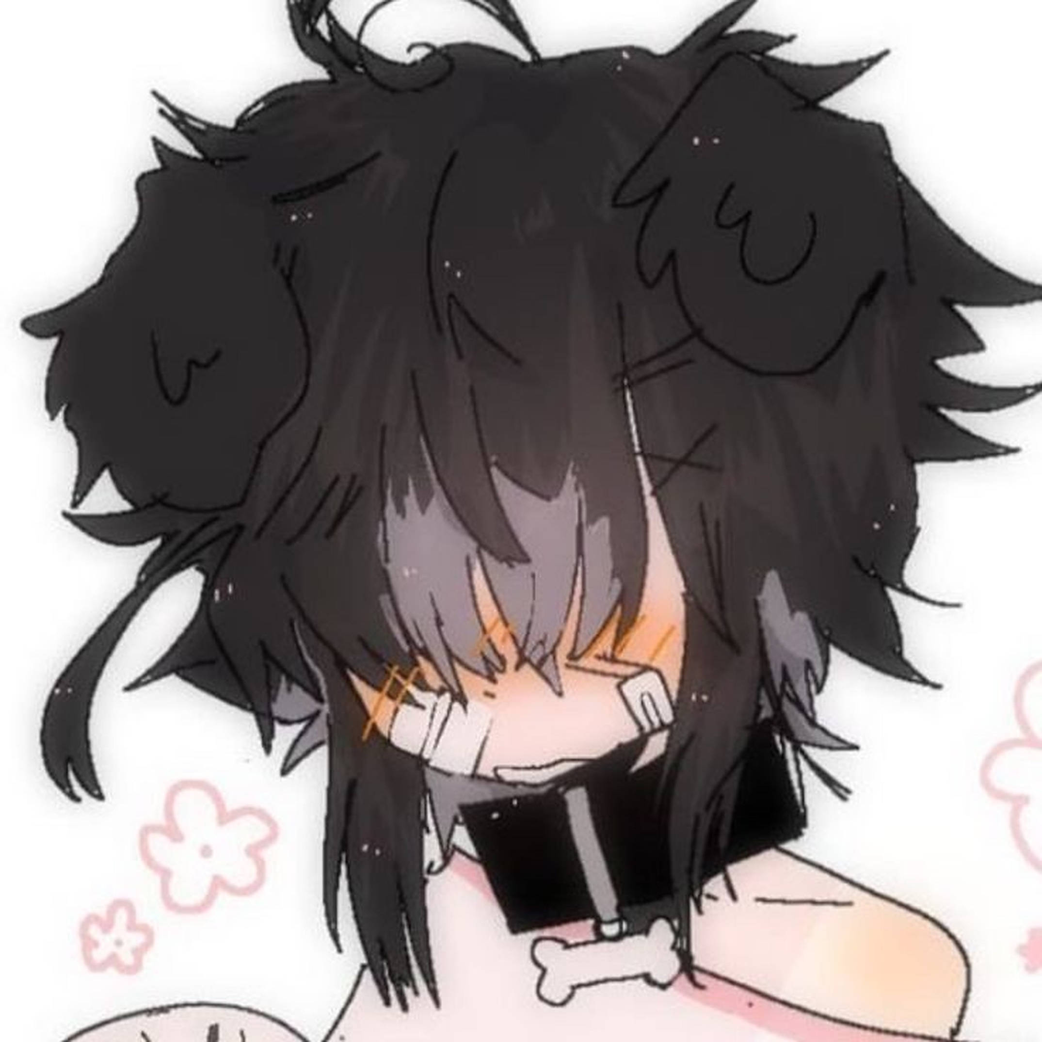 emo 頭像 桌布 壁紙 — 一個可愛的動漫角色，凌亂的黑髮和紅潤的臉頰，用爪子遮住臉，同時拿著一根骨頭。