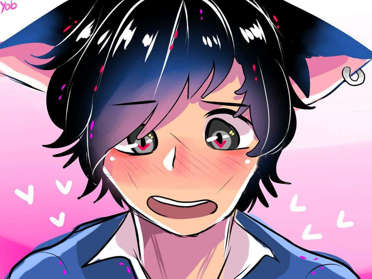Aphmau 桌布 壁紙 — 一個可愛的動漫角色，黑髮貓耳，在粉紅色背景上害羞地臉紅，周圍漂浮著愛心。