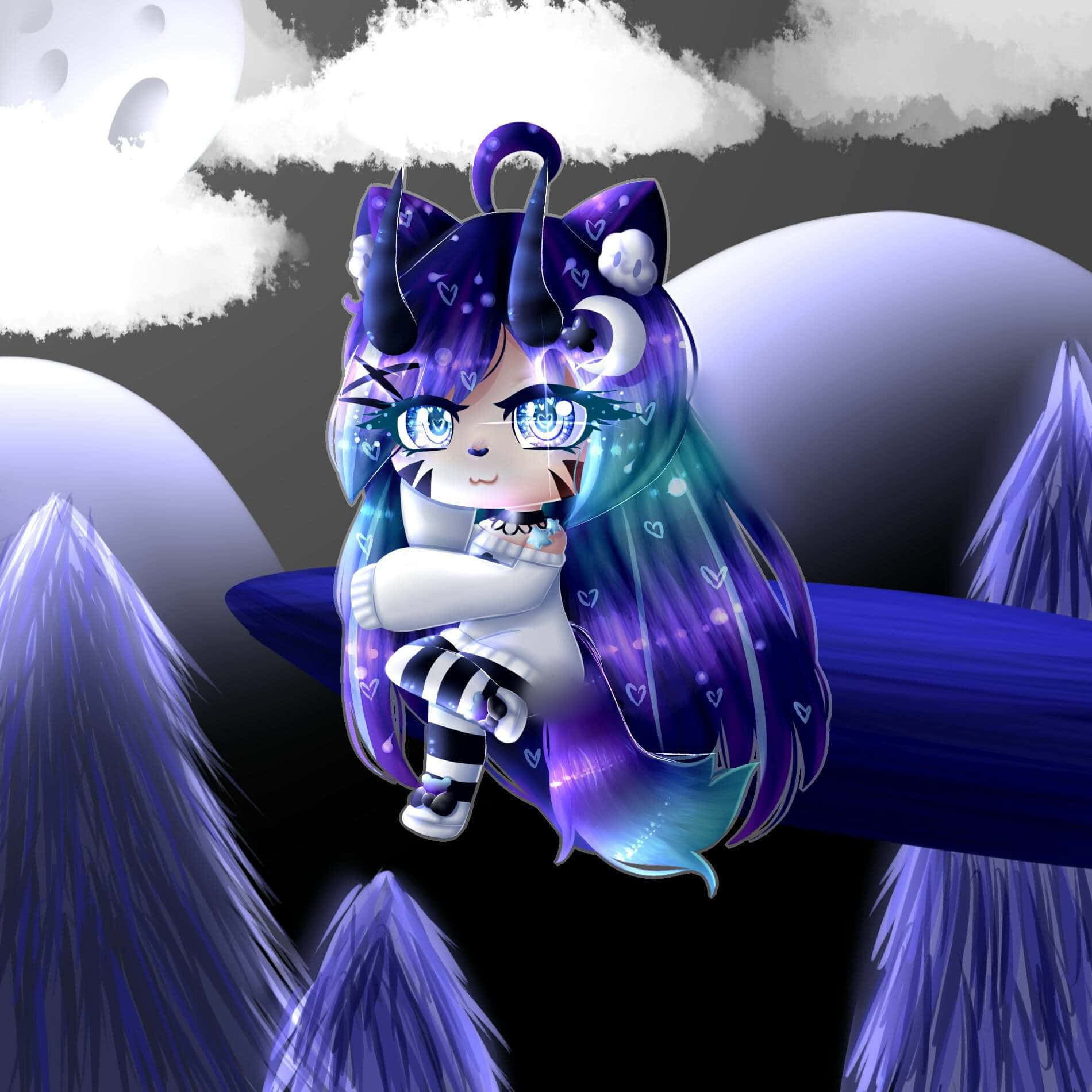 Gacha 桌布 壁紙 — 一個可愛的動漫貓女郎，紫色頭髮和角，坐在發光的藍色樹枝上，背景是月光照耀的天空和蓬鬆的雲朵。