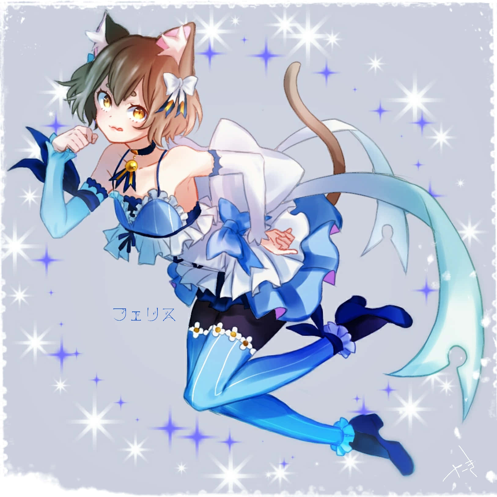 Felix Argyle 桌布 壁紙 — 一個可愛的動漫貓女郎穿著藍白相間的荷葉邊服裝，在閃爍的星空背景下動態擺姿勢。