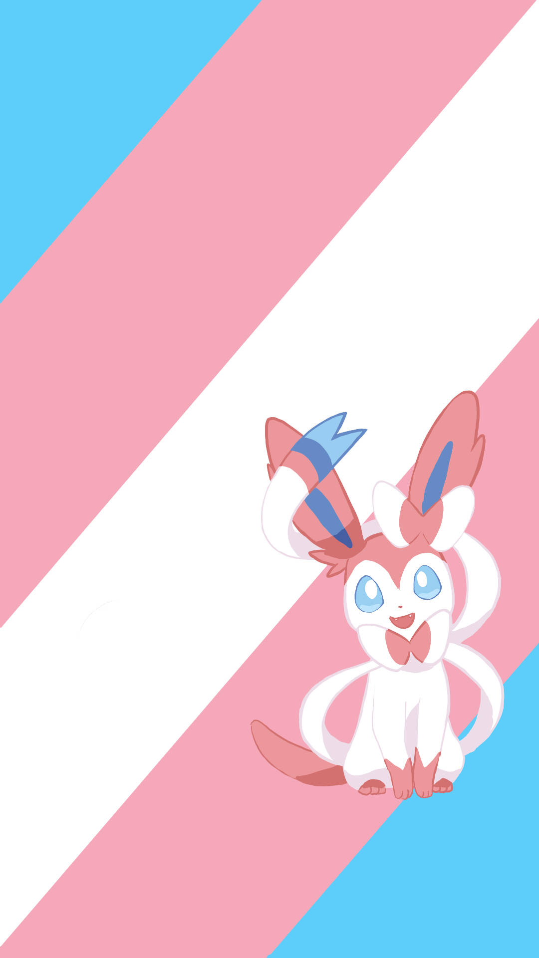Sylveon 桌布 壁紙 — 一個可愛的動漫風格仙子伊布開心地坐在大膽的粉紅、藍和白斜紋背景前。