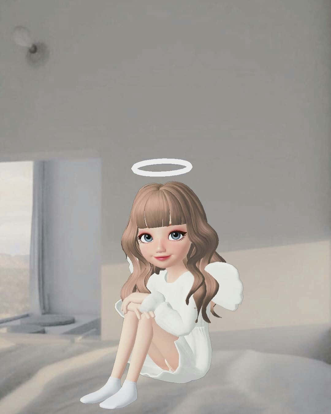angels 桌布 壁紙 — 一個可愛的動漫風格天使女孩，棕色頭髮和白色翅膀，盤腿坐在極簡房間的床上。