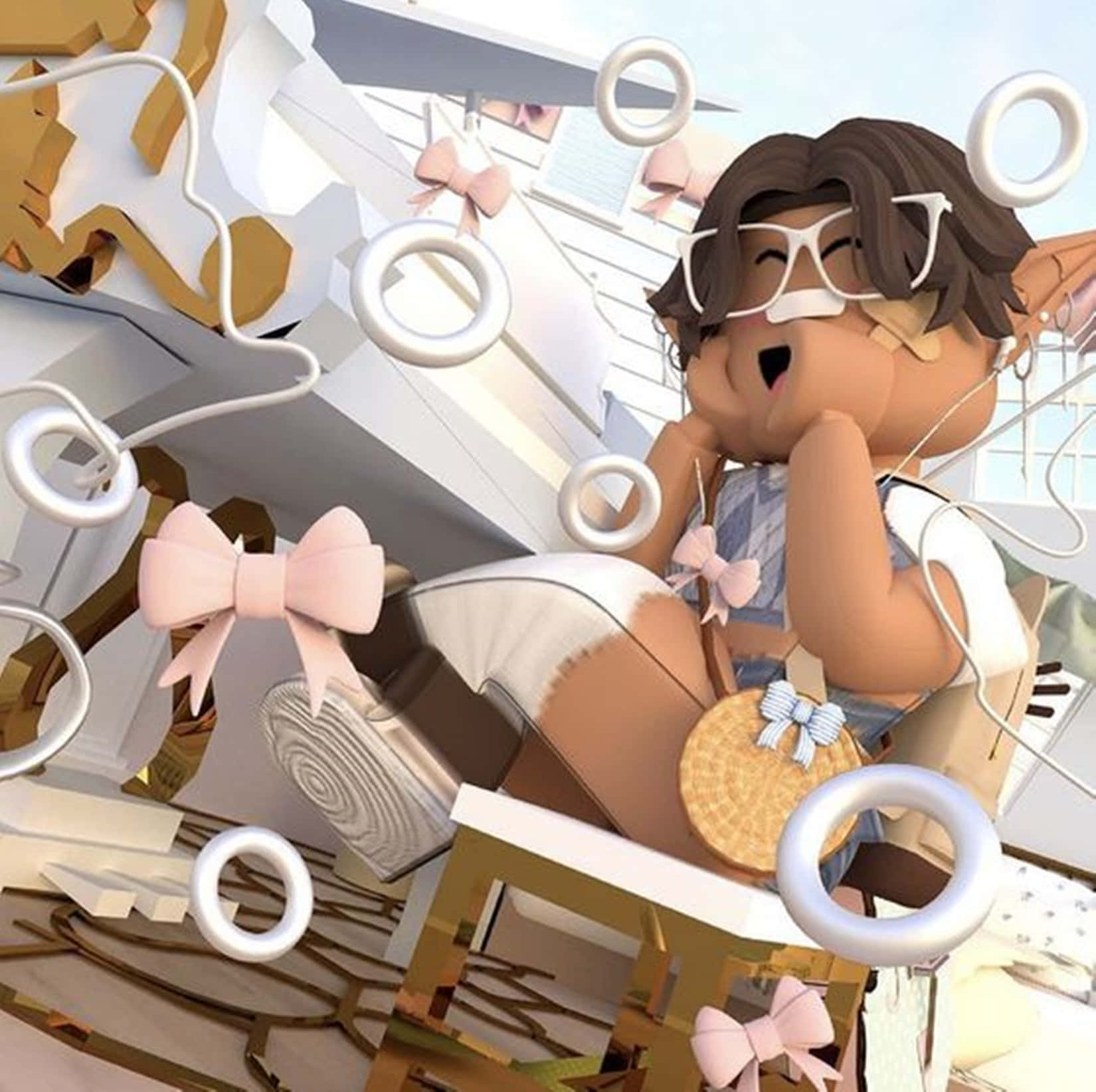 Roblox Gfx 桌布 壁紙 — 一個可愛的動漫風格女孩，戴著眼鏡和繃帶，在雜亂的房間中被漂浮的白色圓環和粉紅色蝴蝶結包圍，安詳地睡著。